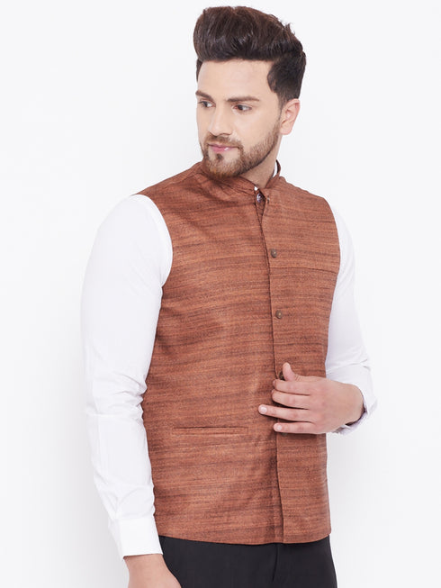 VASTRAMAY Men's Coffee Brown Silk Blend Nehru Jacket